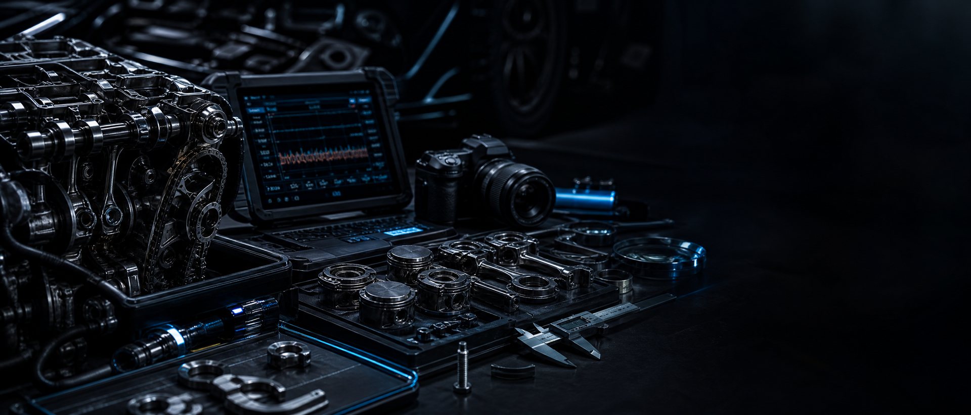 Detailaufnahme technischer Bauteile mit Messtechnik und Diagnosedaten